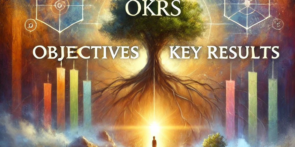 DALL·E 2024-11-11 22.04.12 – An artistic painting representing OKRs (Objectives and Key Results) and a piece of last advice. The center features a strong tree with deep roots labe