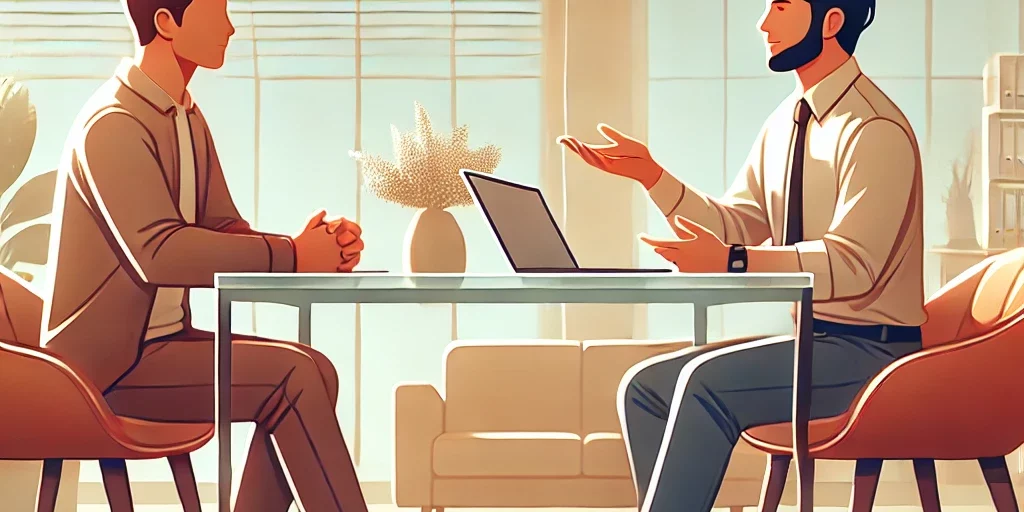 DALL·E 2025-01-06 00.03.30 – A visually appealing illustration of a professional interview scene with a customer. The setting is a modern office with a glass table and comfortable